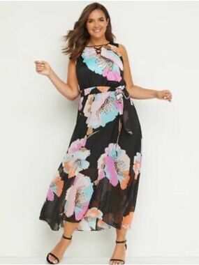 Maxi Black Floral Dress with Sheer Bottom - Lane Bryant 22/24